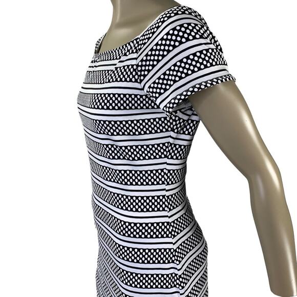 Bisou Bisou Short Sleeve Polka Dots Striped Sheath Dress Size 14 Black & White - Picture 4 of 15